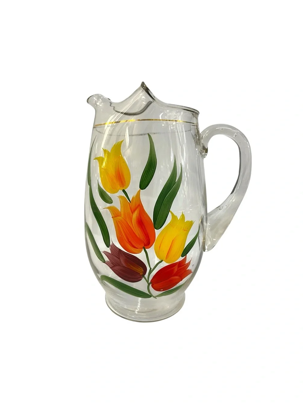 Set Of 6 Vintage Federal Glass Tulip Pitcher & Glasses MCM Hand Painted Gold Rim